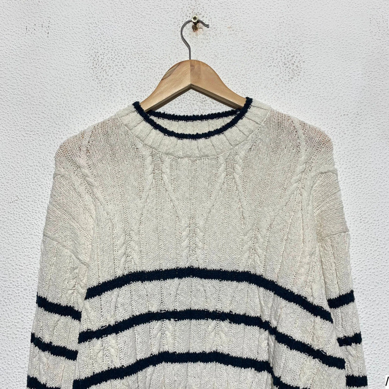 Cream & Navy Striped Gant Knitted Jumper Linen Blend - Large