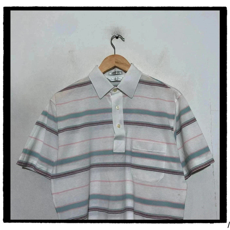 Vintage 80s White & Blue Striped Christian Dior Polo Shirt - Medium