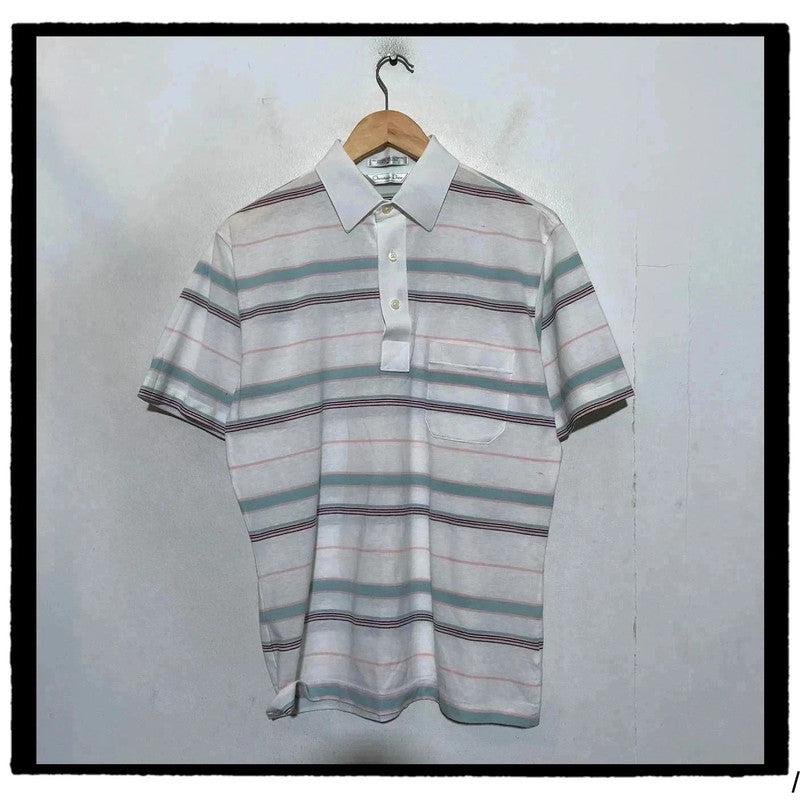 Vintage 80s White & Blue Striped Christian Dior Polo Shirt - Medium