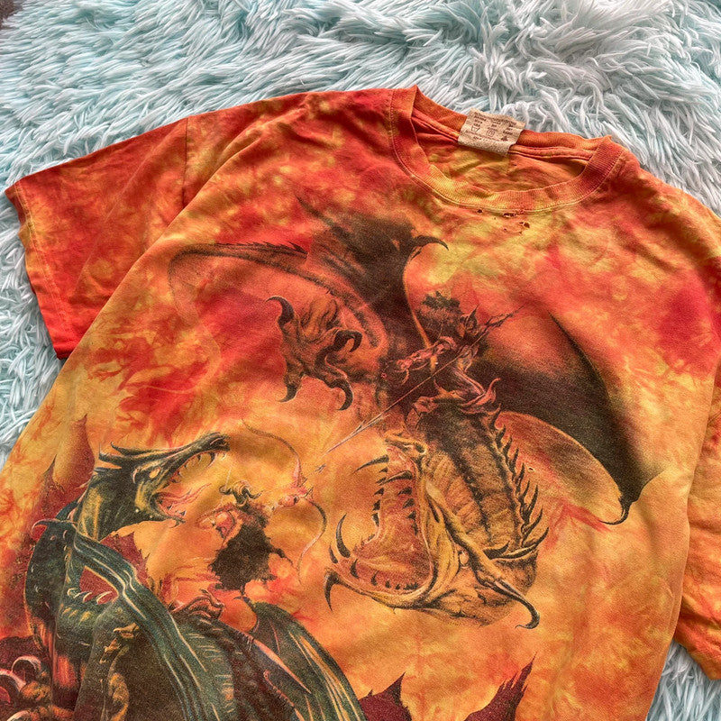 Vintage Orange & Yellow Tie Dye Dragon Graphic T Shirt - Large