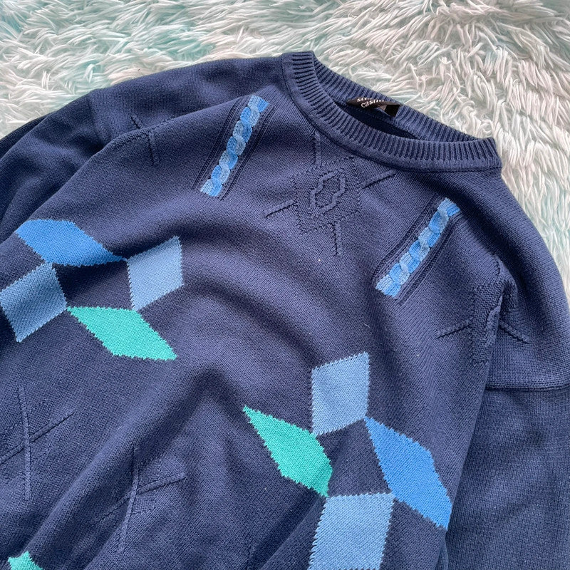 Vintage 90s Navy Funky Knitted Jumper - Large