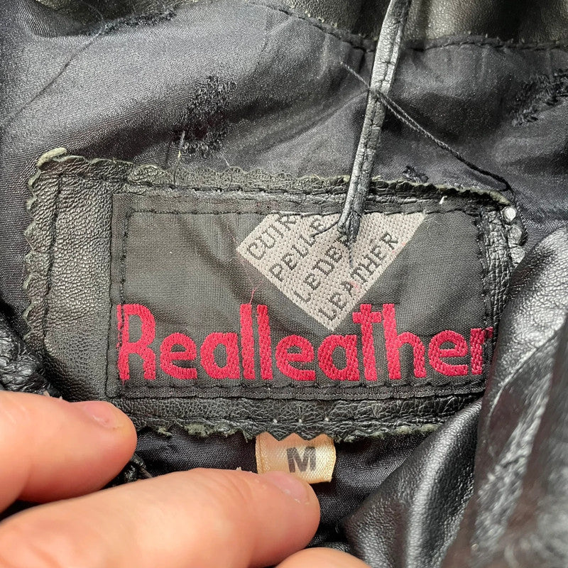 Vintage Black Leather Biker Jacket - Medium