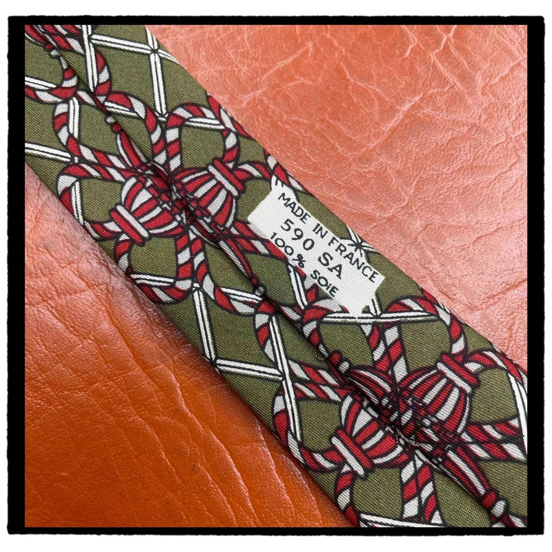 Vintage 90s Hermes Tie Patterned Green Made in France 100% Silk