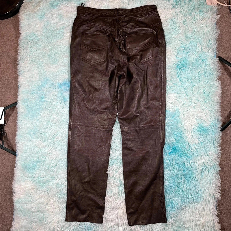 Dark Brown Leather Trousers Pants - Size 16