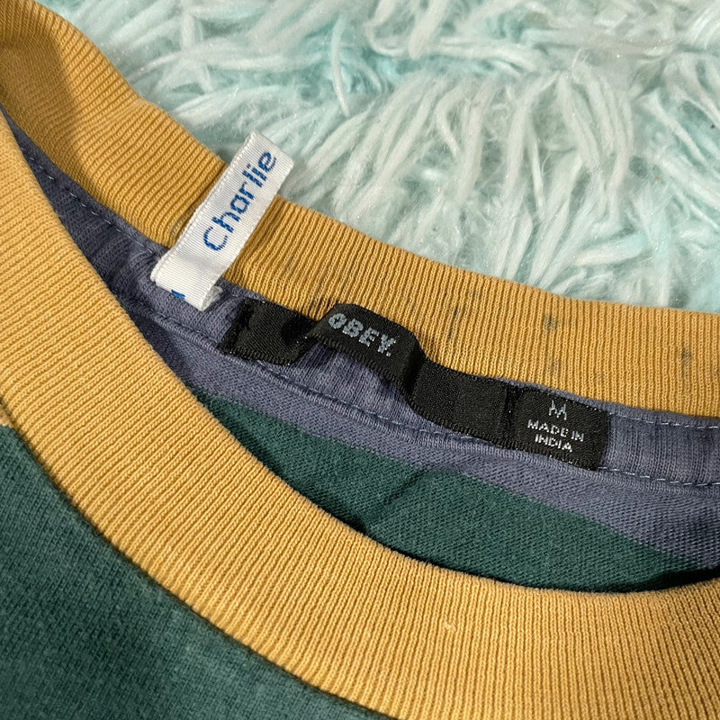 90s Style Purple & Green Striped Obey T Shirt - Medium