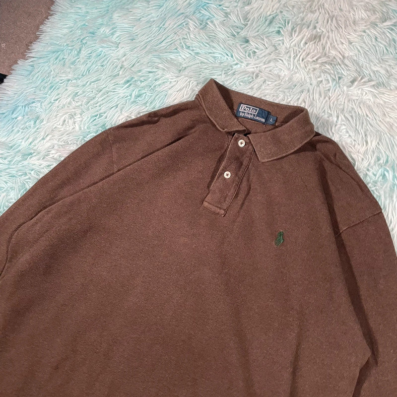 Vintage Brown Polo Ralph Lauren Polo Shirt Long Sleeve - Large