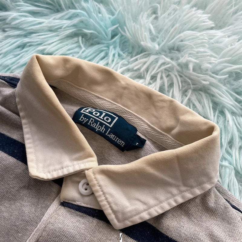 Vintage Grey & Navy Polo Ralph Lauren Rugby Shirt - Large