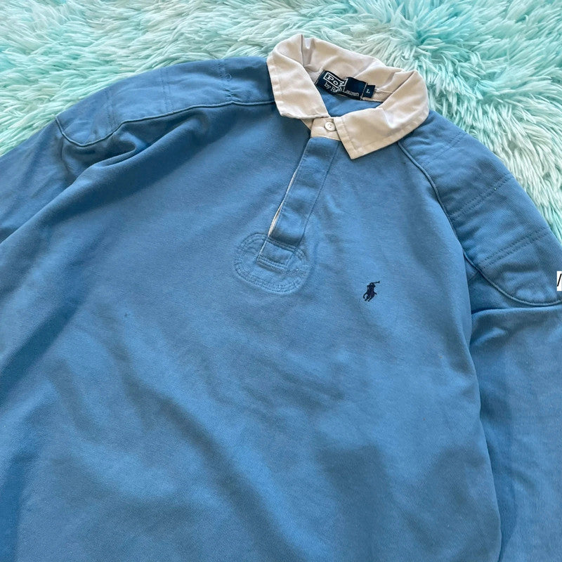 Vintage 90s Blue Polo Ralph Lauren Rugby Shirt - Large