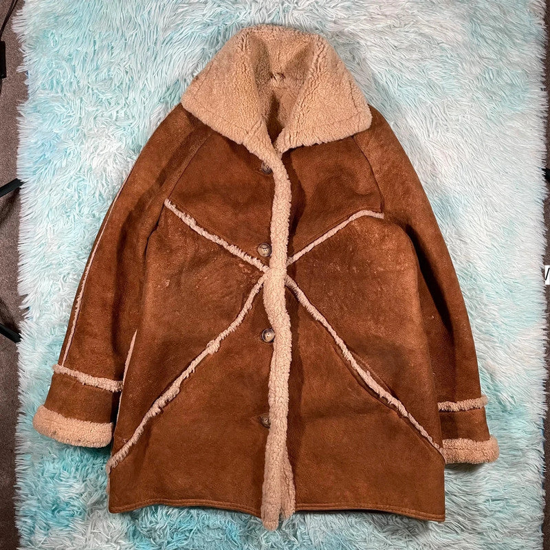 Vintage 90s Brown Sheepskin Leather Jacket Delboy - Size 16