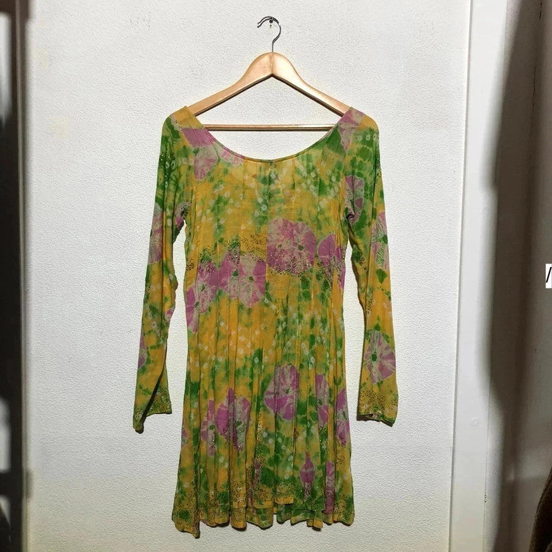 Vintage 1970s Juliet Dunn Hippie Dress Green Floral Tie Dye