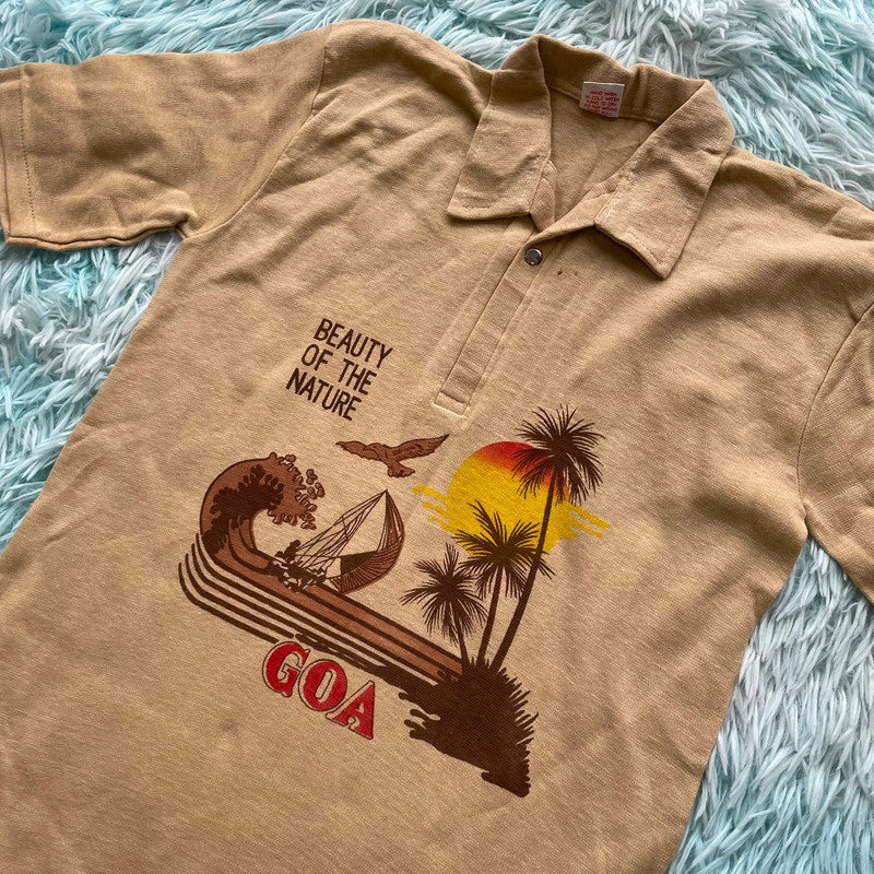 Vintage 1970s Brown Polo Shirt Goa Print - Medium