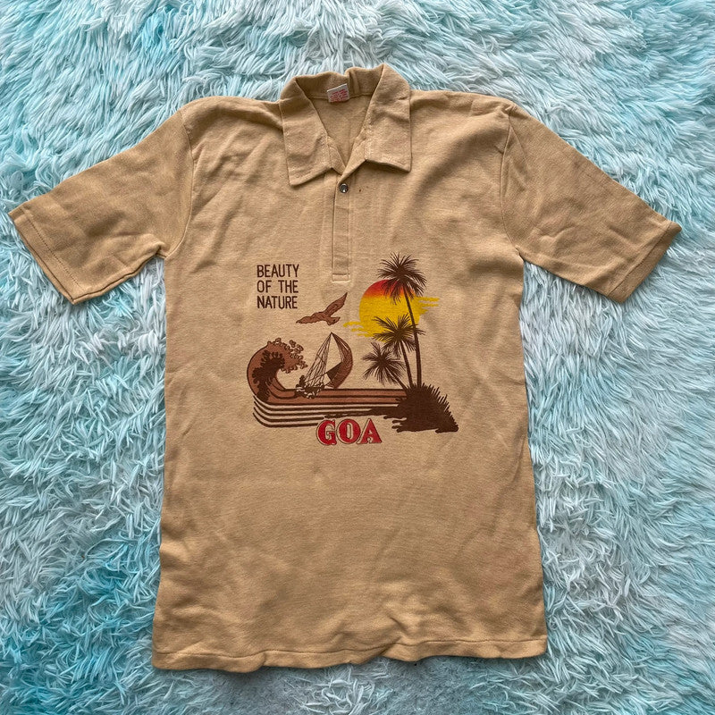 Vintage 1970s Brown Polo Shirt Goa Print - Medium