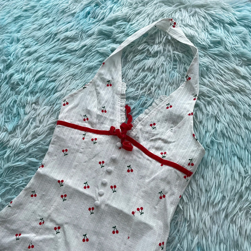 Vintage 70s Style Cherry print Halter Neck Top - Medium