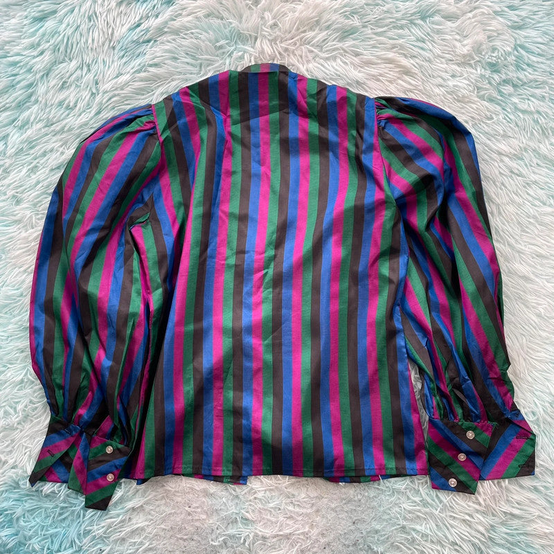 Vintage 80s Purple Striped Blouse Balloon Arms - Size 12