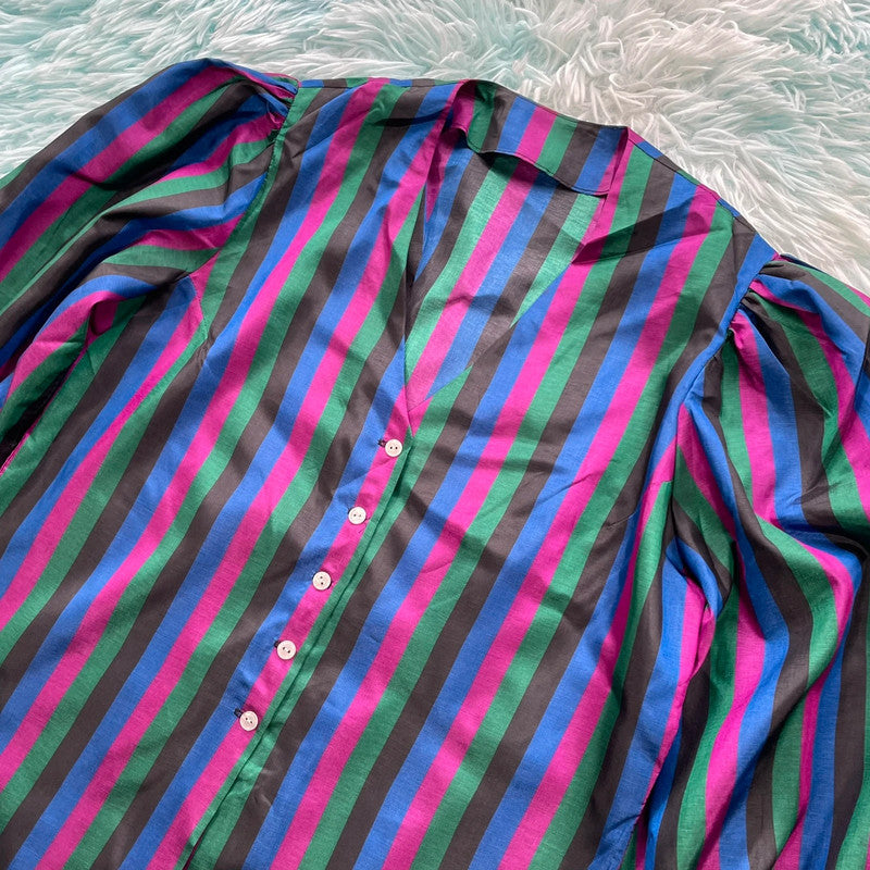 Vintage 80s Purple Striped Blouse Balloon Arms - Size 12
