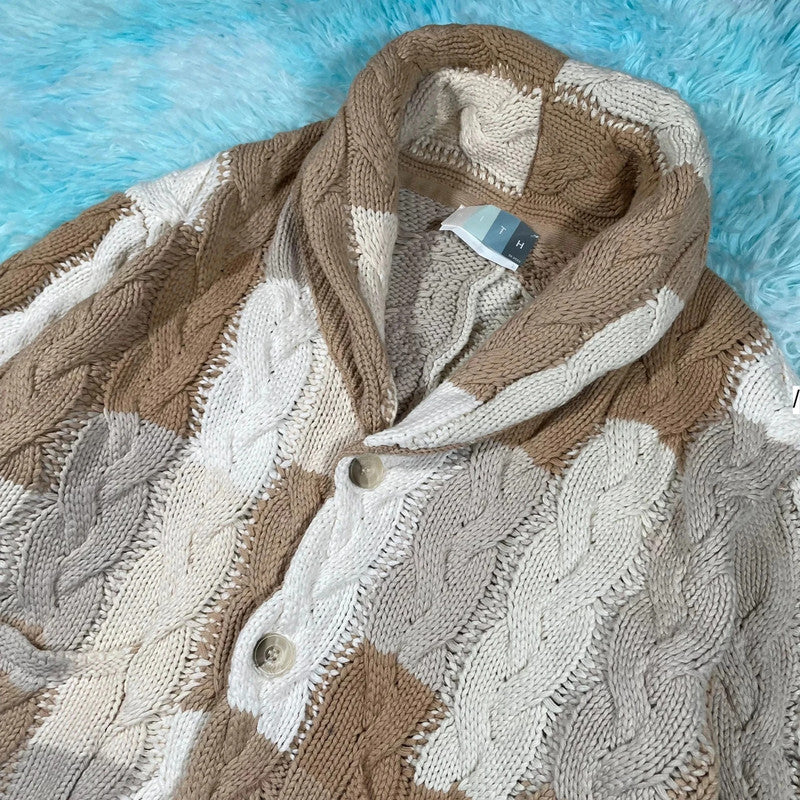 Cream & Brown Heavyweight Kith Cardigan Knitted Jumper - Large