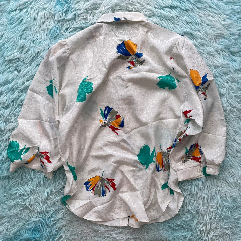 Vintage 80s White fairy Print Silk Shirt Top - Size 14