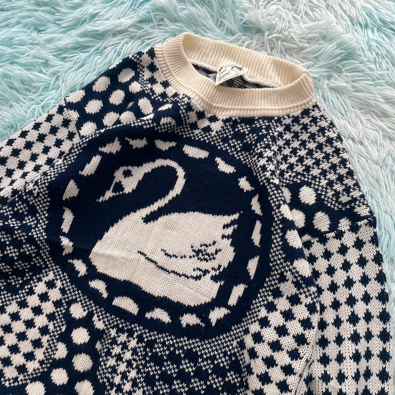 Vintage 80s Navy Swan Print Knitted Jumper - Size 12