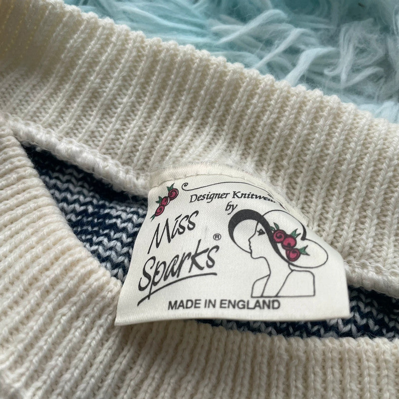 Vintage 80s Navy Swan Print Knitted Jumper - Size 12