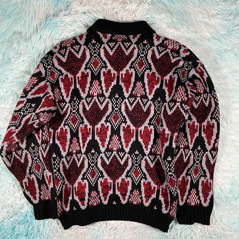 Vintage 90s Red & Black Grunge Knitted Jumper Collared - Medium