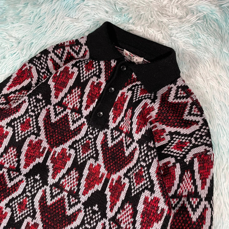 Vintage 90s Red & Black Grunge Knitted Jumper Collared - Medium