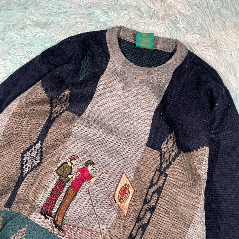 Vintage 90s Navy Darts Embroidered Knitted Jumper - XL