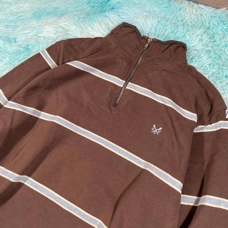 Vintage Brown Striped Crew 1/4 Zip Sweatshirt - Medium