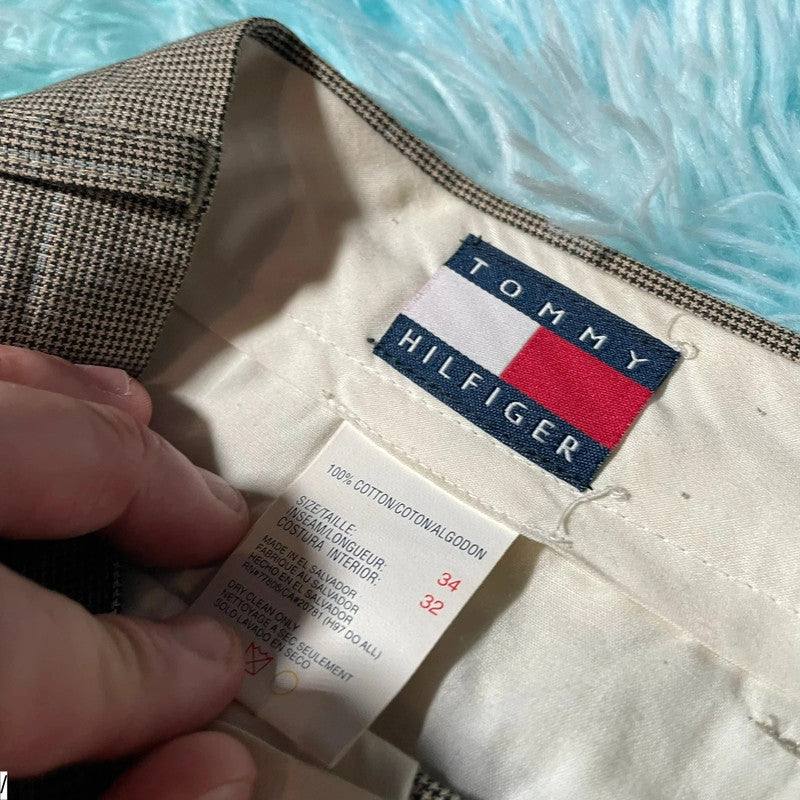 Vintage 90s Beige Tommy Hilfiger Chequered suit Trousers - 34W 32L