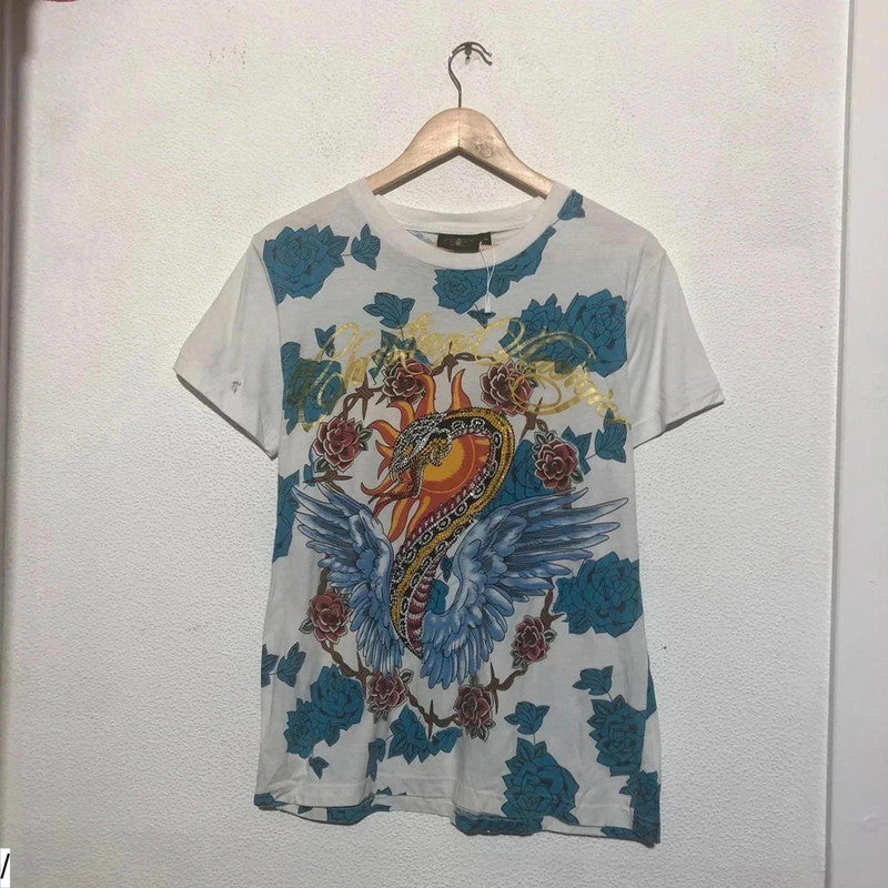 Vintage 00s White & Blue Christian Audiger T Shirt Bedazzled Snake Print - Medium