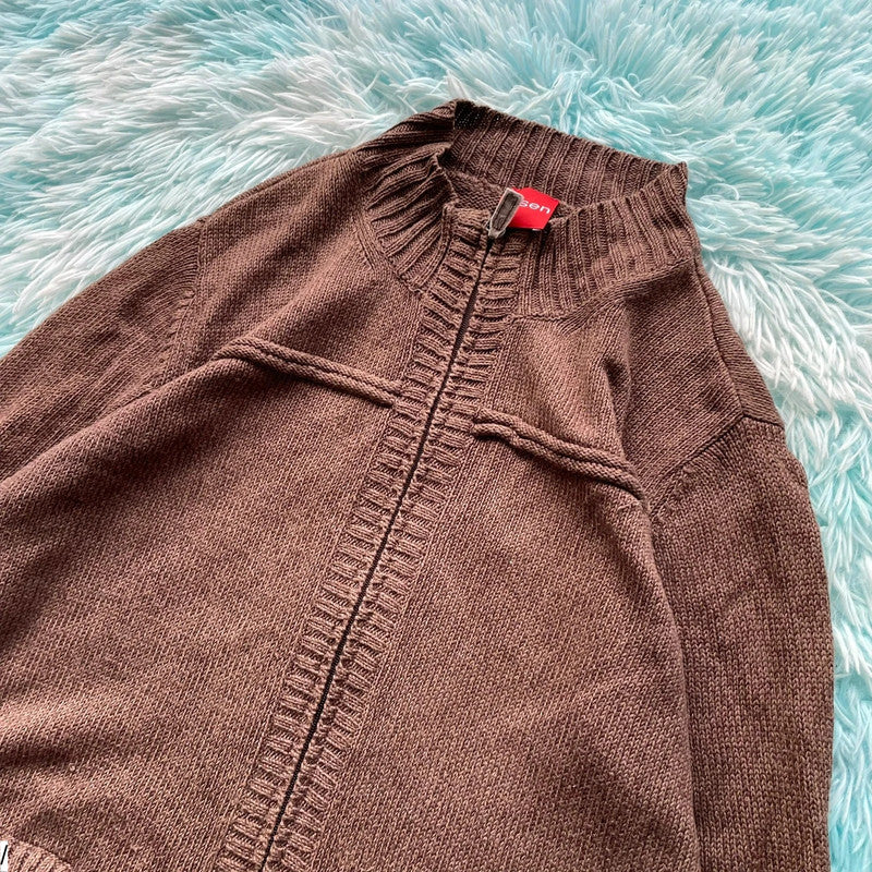 Vintage 00s Brown Olsen Knitted Jumper Full Zip - Medium