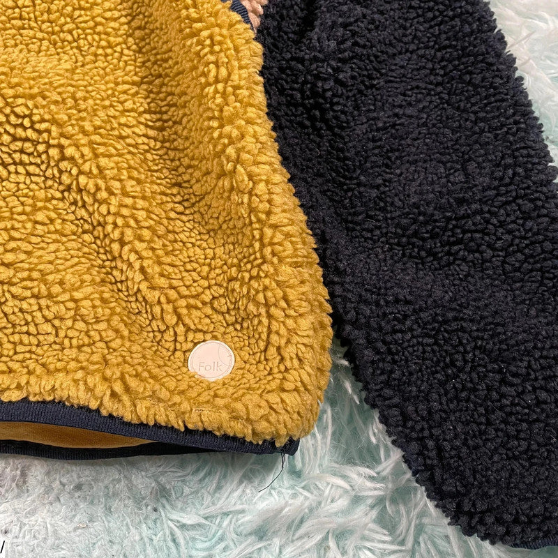 Navy & Yellow Folk Sherpa Fleece Hoodie - XS