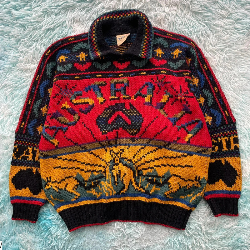 Vintage 90s Chunky Australian Knitted Jumper Crazy Pattern - XL