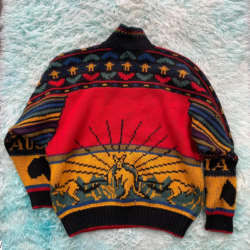 Vintage 90s Chunky Australian Knitted Jumper Crazy Pattern - XL