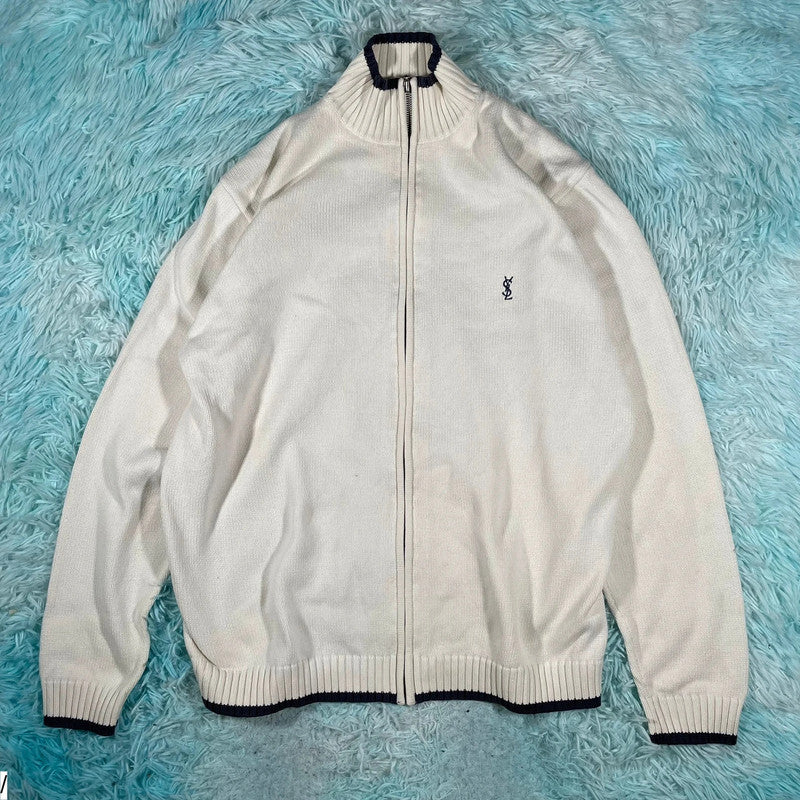 Vintage White Yves Saint Laurent Knitted Jumper Full Zip - Medium