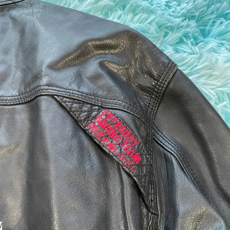 Vintage Black Superdry Leather Biker Jacket - XL