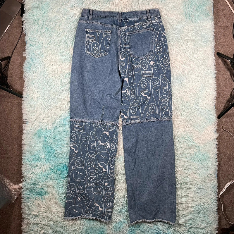 Blue Patterned Baggy Jeans - W32 L32