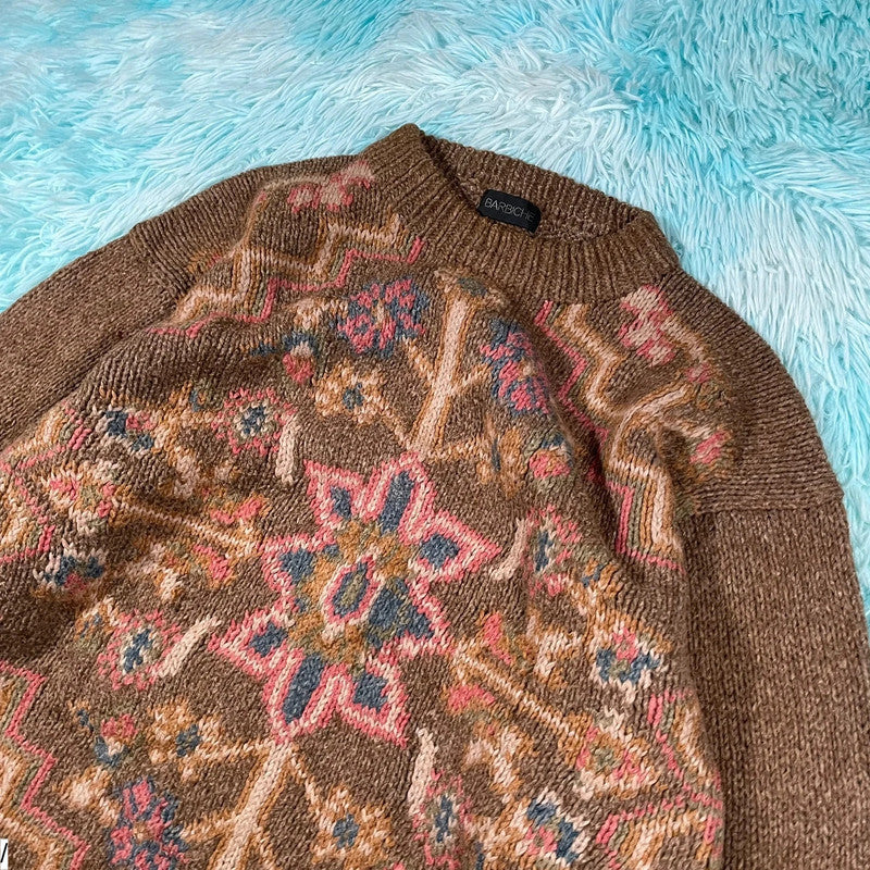 Vintage 90s Brown Patterned Knitted Jumper - Medium