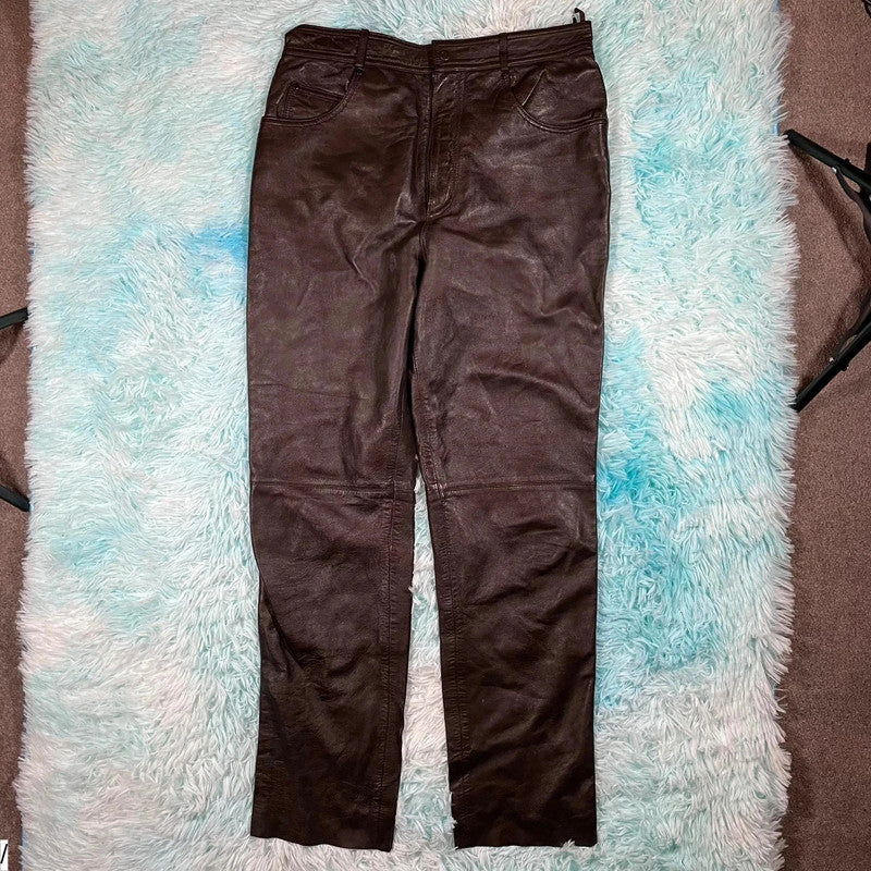 Dark Brown Leather Trousers Pants - Size 16