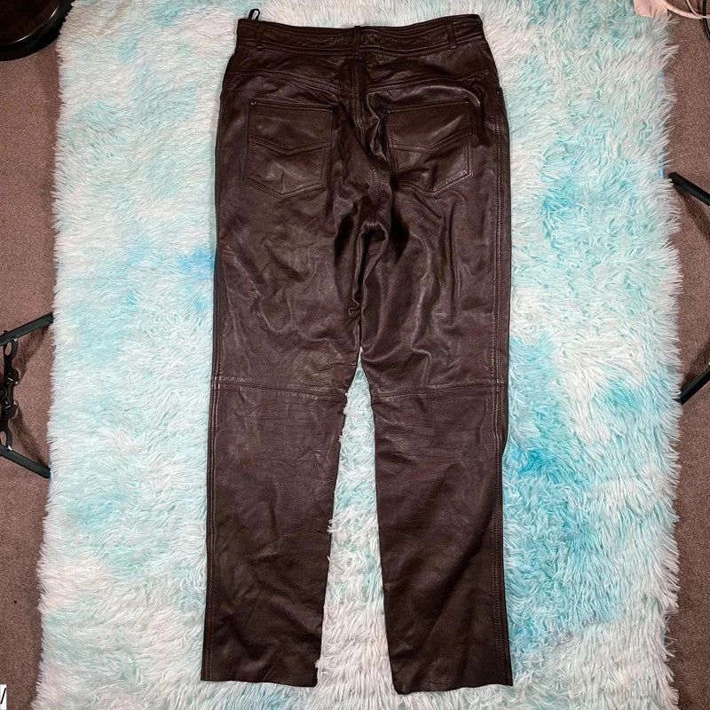 Dark Brown Leather Trousers Pants - Size 16