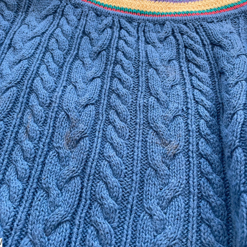 Vintage 90s Blue Cable Knit V Neck Jumper - Small