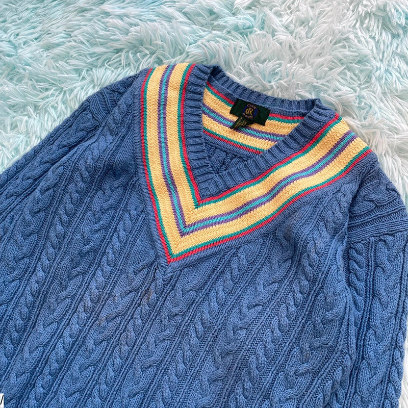 Vintage 90s Blue Cable Knit V Neck Jumper - Small