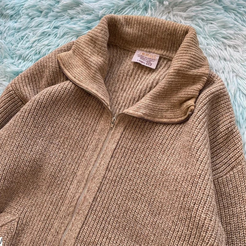 Vintage 90s Beige Wool Knitted Jumper Full Zip France - Large