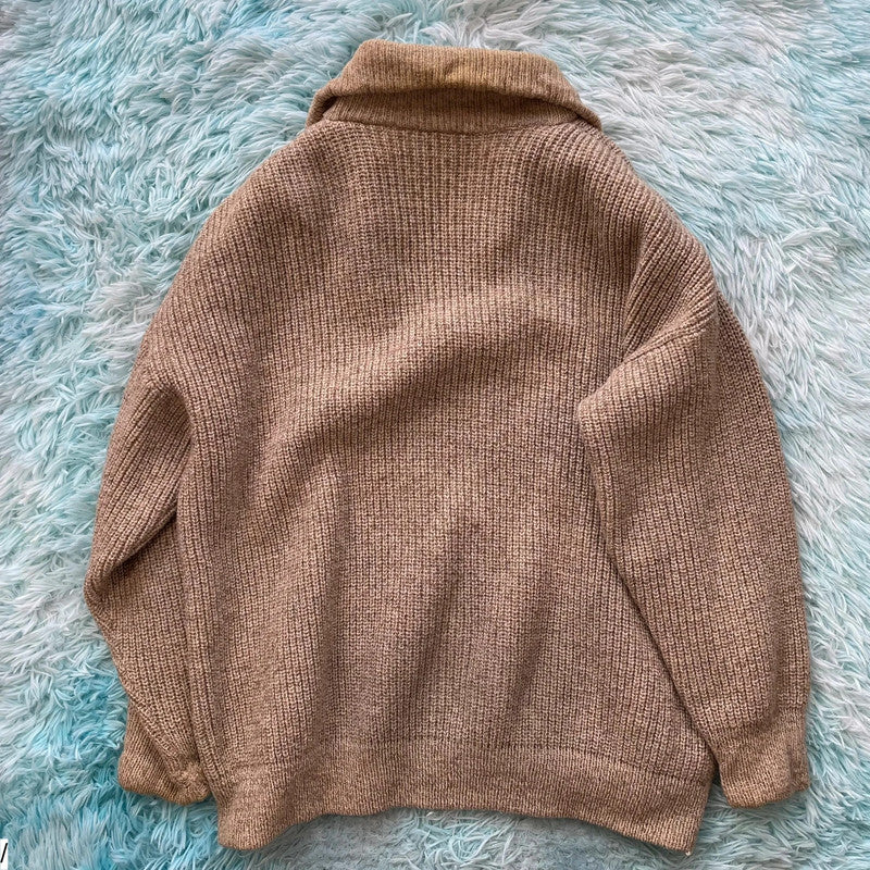 Vintage 90s Beige Wool Knitted Jumper Full Zip France - Large
