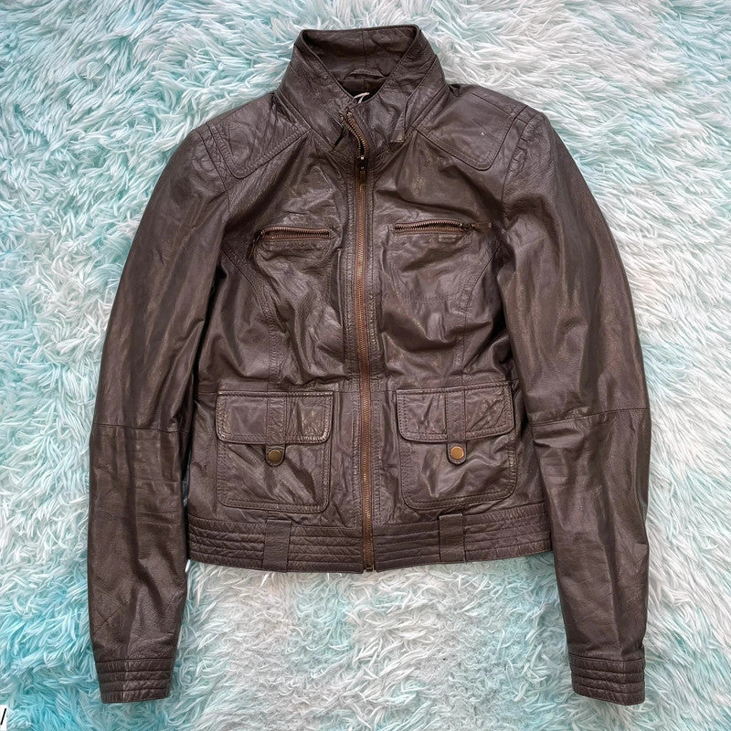 Vintage Dark Brown Leather Jacket Fitted - Medium