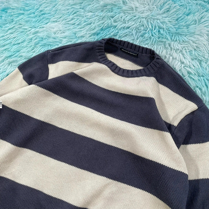 Navy & Cream Striped Brandy Melville Knitted Jumper