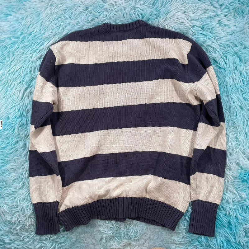 Navy & Cream Striped Brandy Melville Knitted Jumper