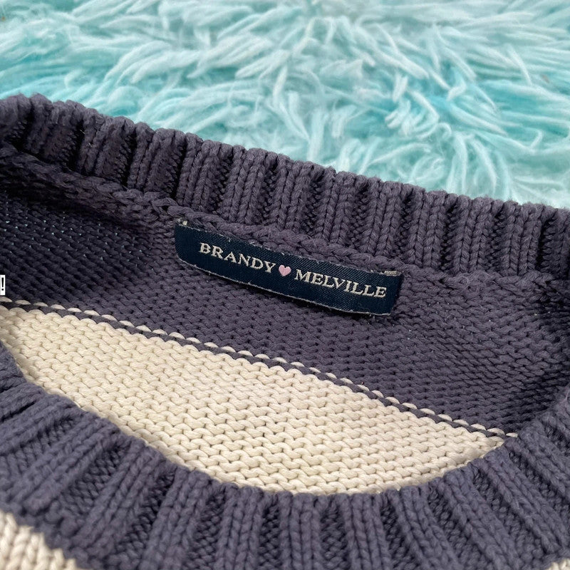 Navy & Cream Striped Brandy Melville Knitted Jumper