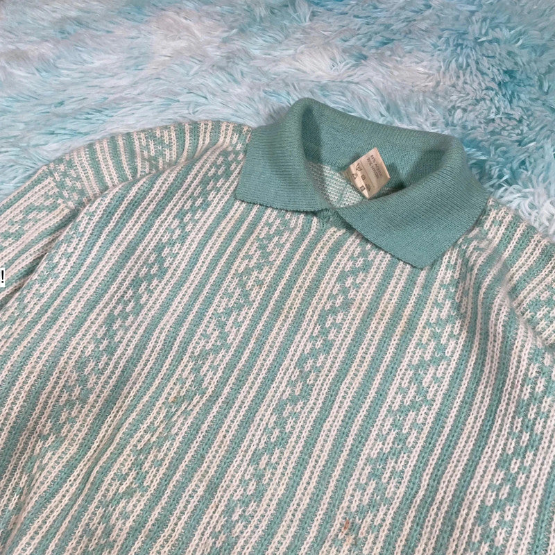 Vintage 80s White & Blue Collared Knitted Jumper - Size 14