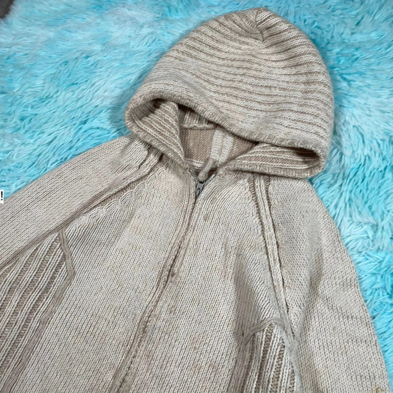 Vintage 00s Cream Knitted Hooded Jumper - Large