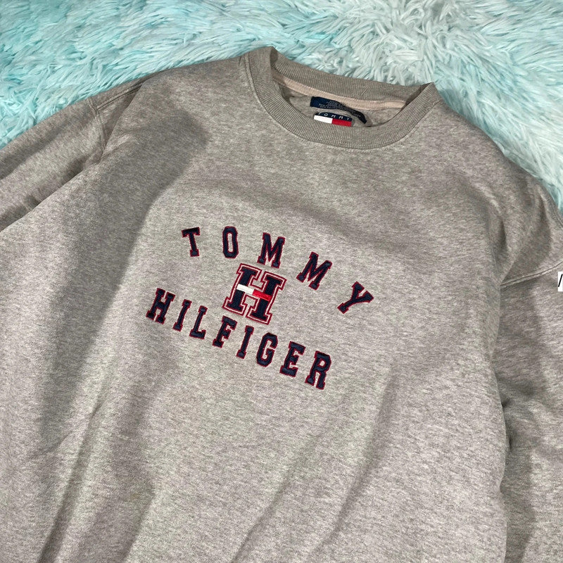 Vintage Grey Tommy Hilfiger Sweatshirt Embroidered Spellout - Large